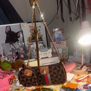 Geometric Patterned Brown Shoulder Bag with Chain Strap